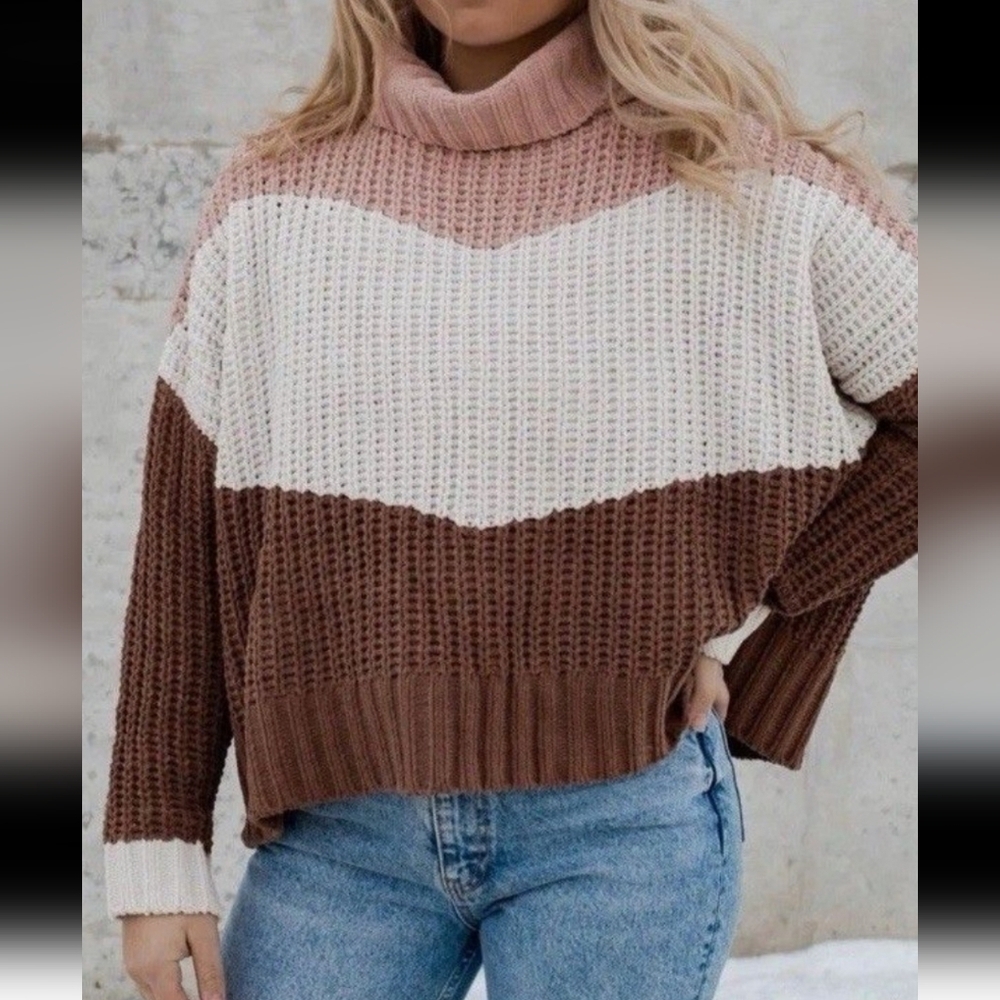 POL Chunky Knit Colorblock Chenille Oversized  Cowl Neck Sweater Size L